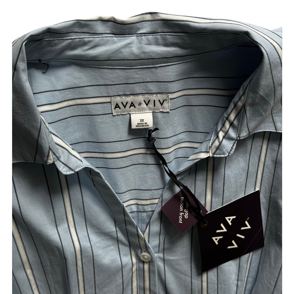 Blue Pinstriped pattern Shirt Dress Side pockets stand up collar V-neck Pleated - Picture 5 of 12